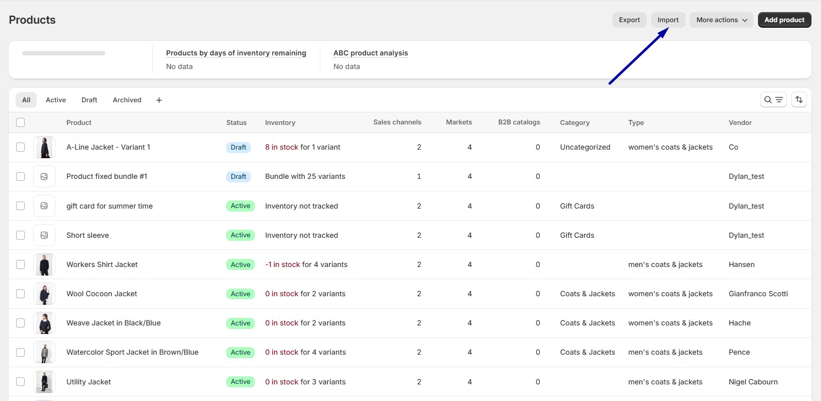 In your Shopify Admin, click Products→ Import